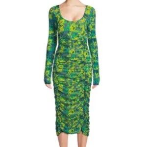 NWOT Ganni Sulphur Spring green abstract print ruched midi dress sz 34/S $395